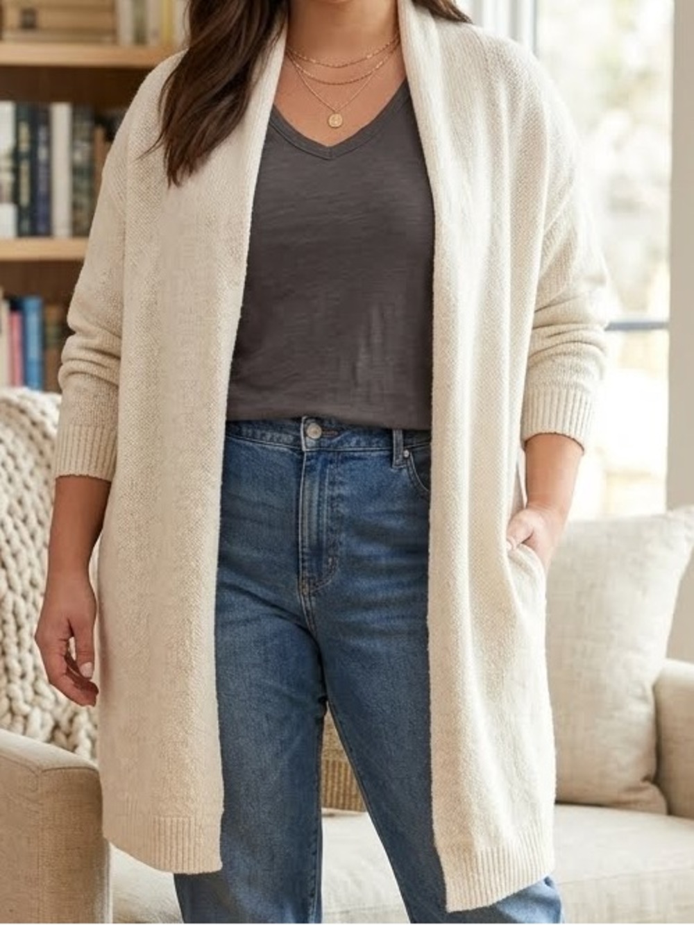 Calvin Klein Jeans Sweater Cardigan Duster Ivory Hooded Knit CK logo casual XL